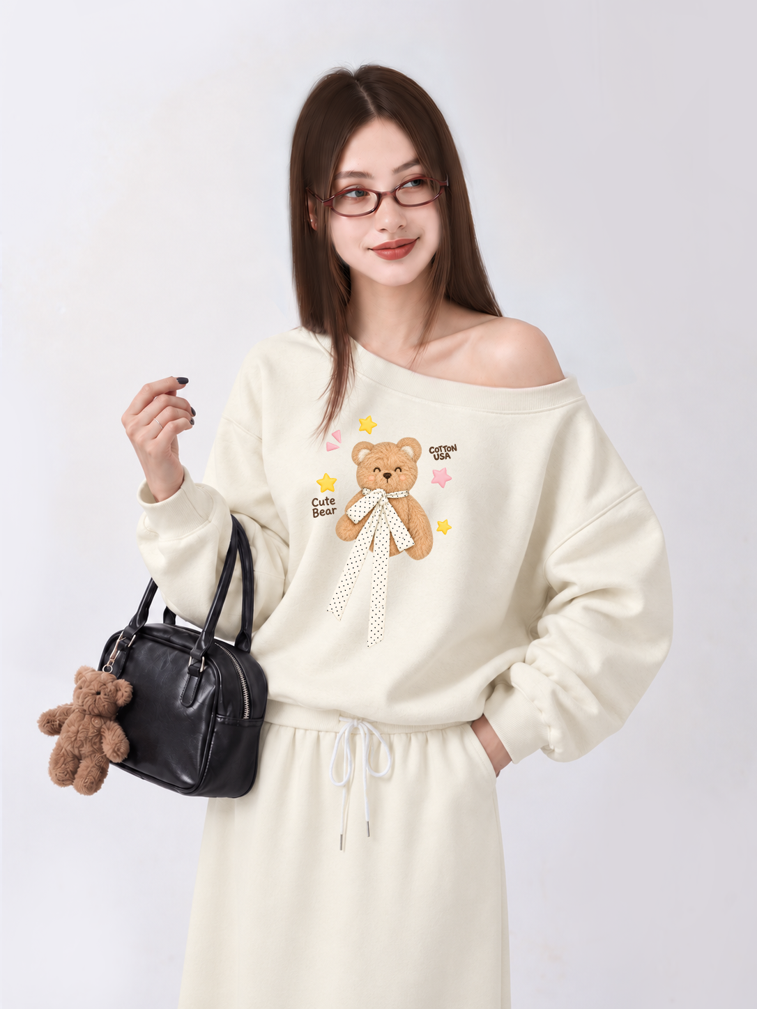 Áo Sweater Lệch Vai Nỉ Hai Da Cute Bear