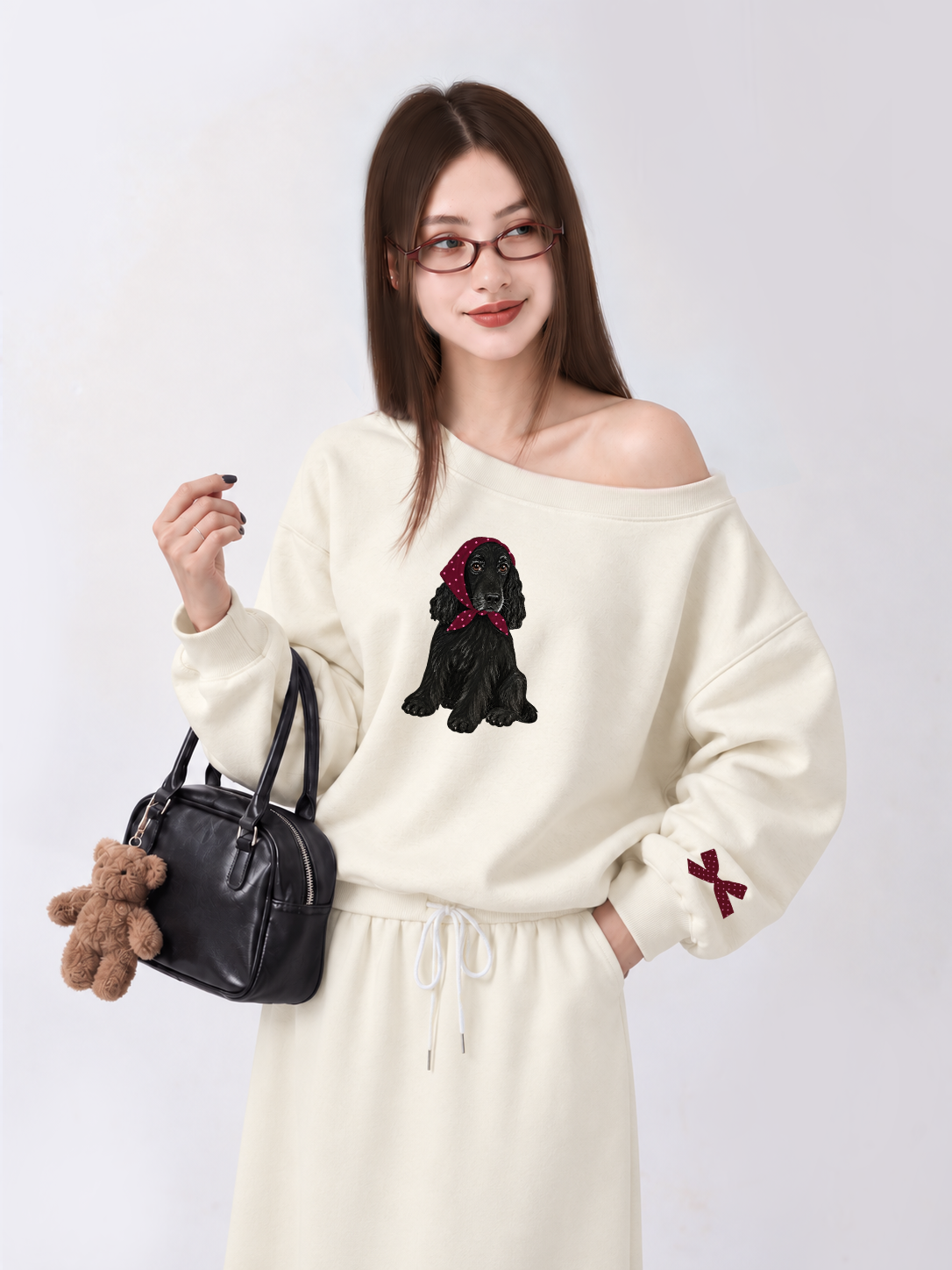 Áo Sweater Lệch Vai Nỉ Hai Da  Burgundy Badana Puppy