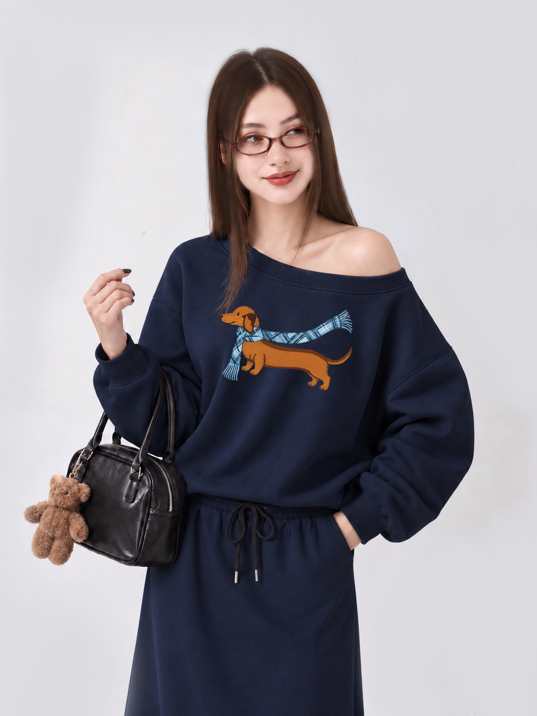 Áo Sweater Lệch Vai Nỉ Hai Da  Blue Plaid Outfit Puppy
