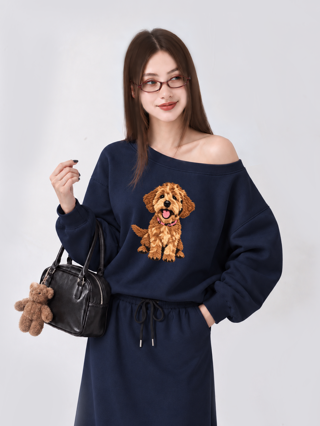 Áo Sweater Lệch Vai Nỉ Hai Da  Cute Brown Puppy