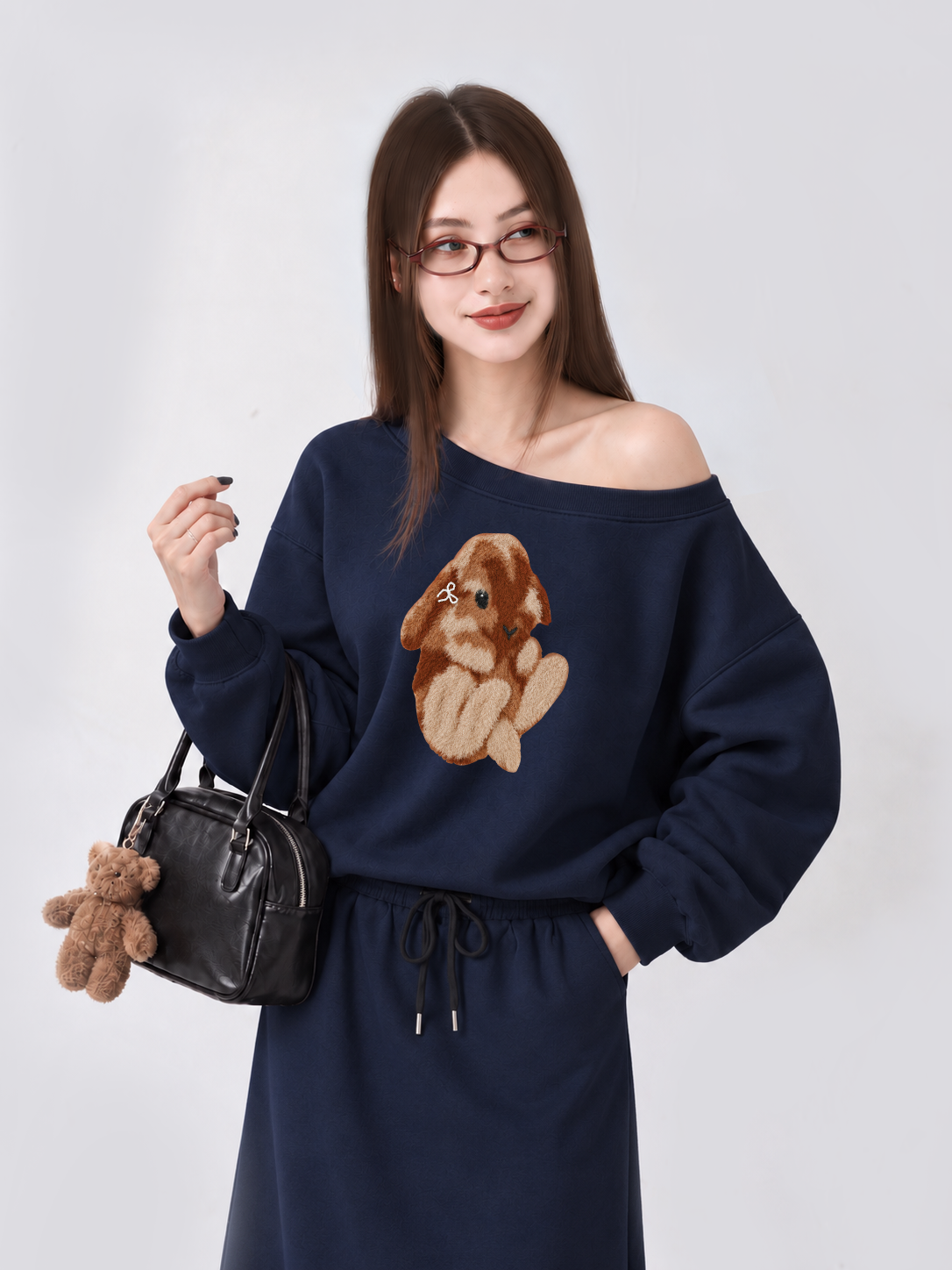 Áo Sweater Lệch Vai Nỉ Hai Da  Cute Bunny