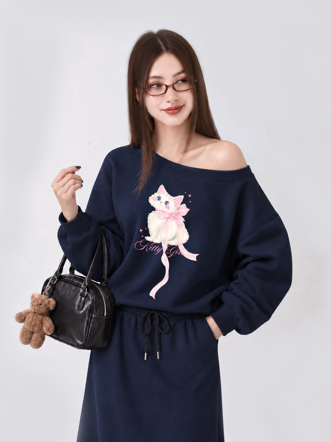 Áo Sweater Lệch Vai Nỉ Hai Da Kitty Girl