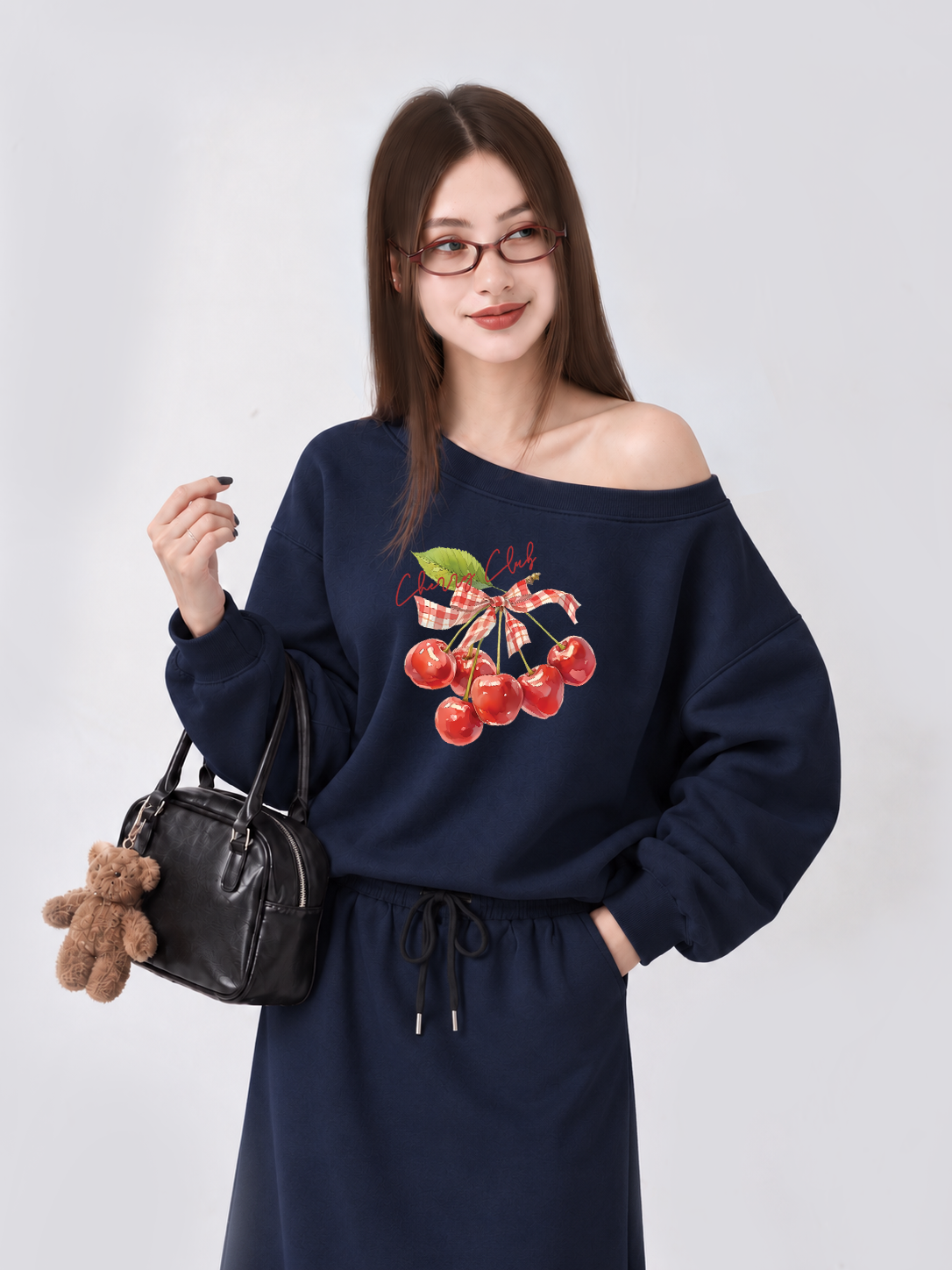 Áo Sweater Lệch Vai Nỉ Hai Da Cherry Red Cherry Club