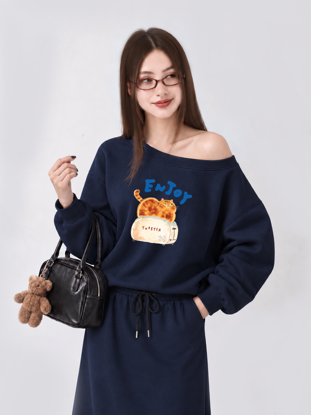 Áo Sweater Lệch Vai Nỉ Hai Da Enjoy Cat Toaster