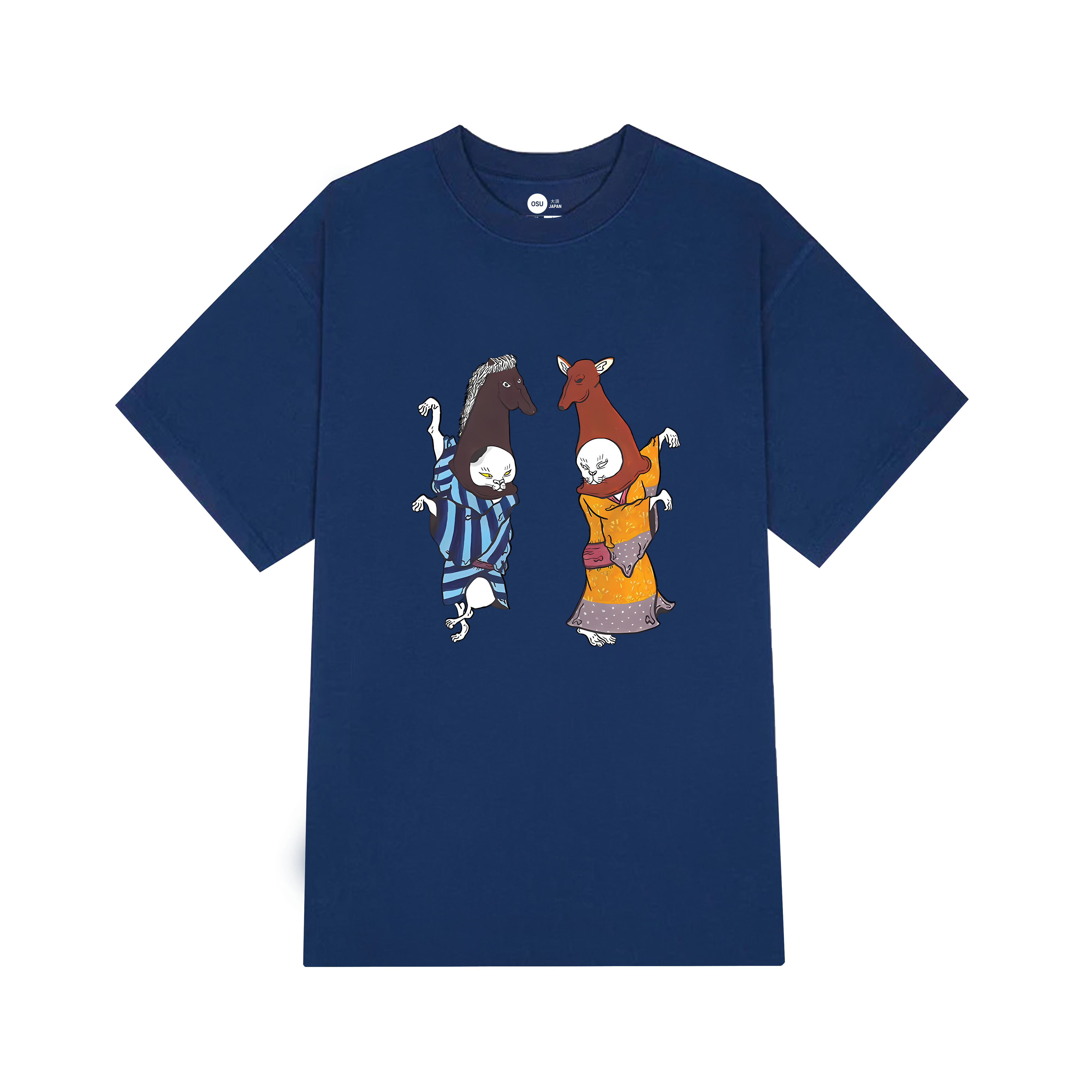 JAPANESE CAT WITH HORSE HEAD DANCING T-SHIRT / NAVY