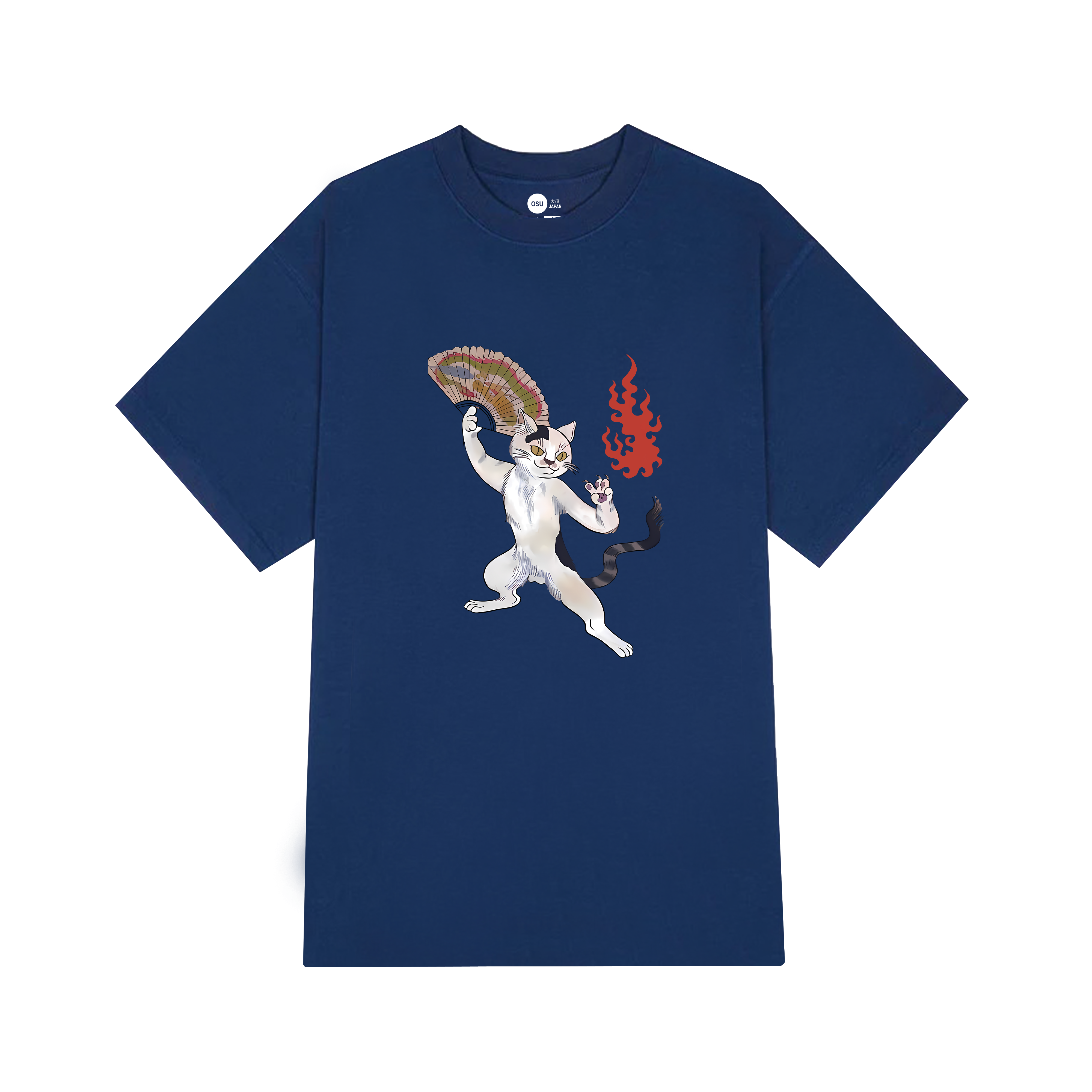 JAPANESE CAT FIRE T-SHIRT / NAVY