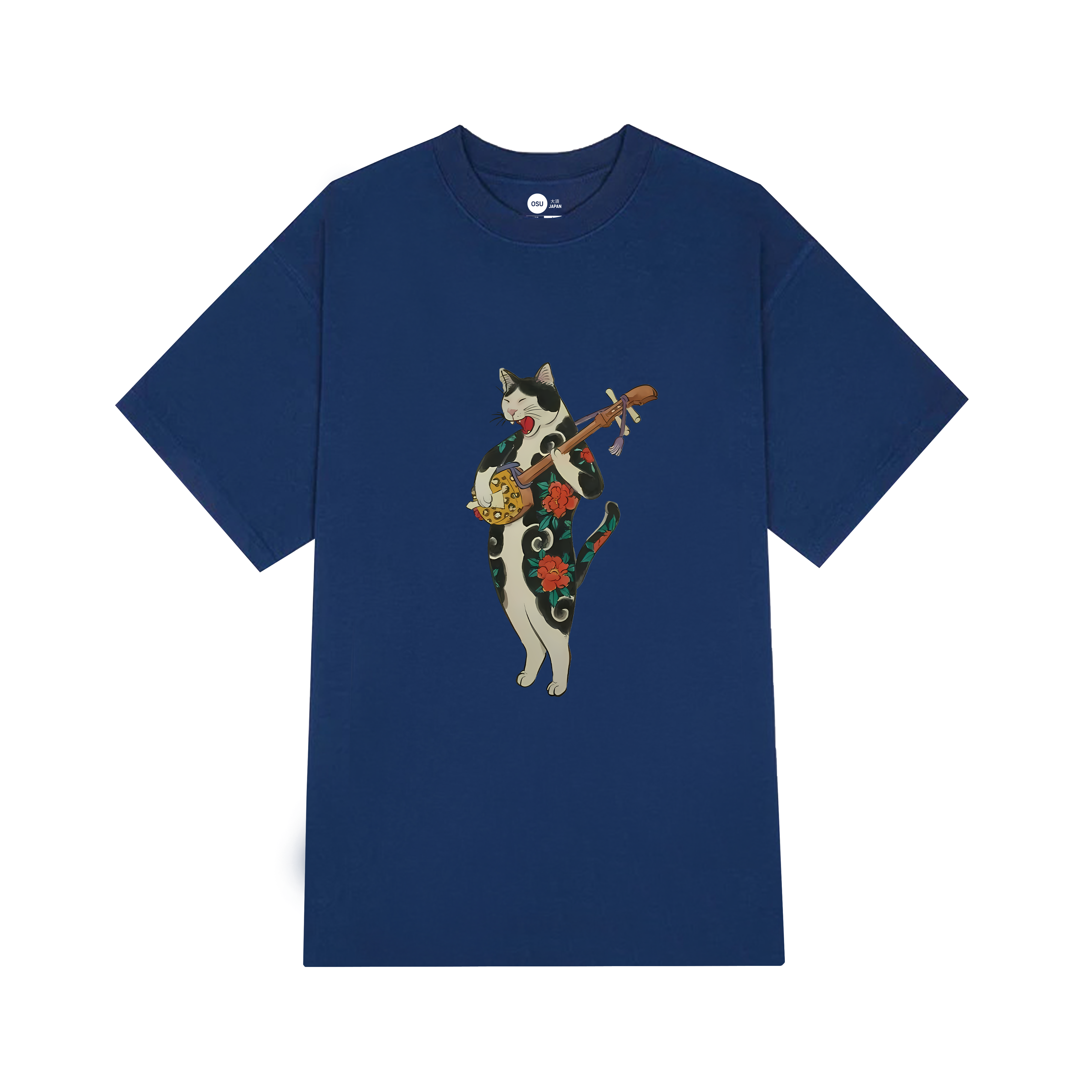 JAPANESE CAT HOLDING A GUITAR T-SHIRT / NAVY