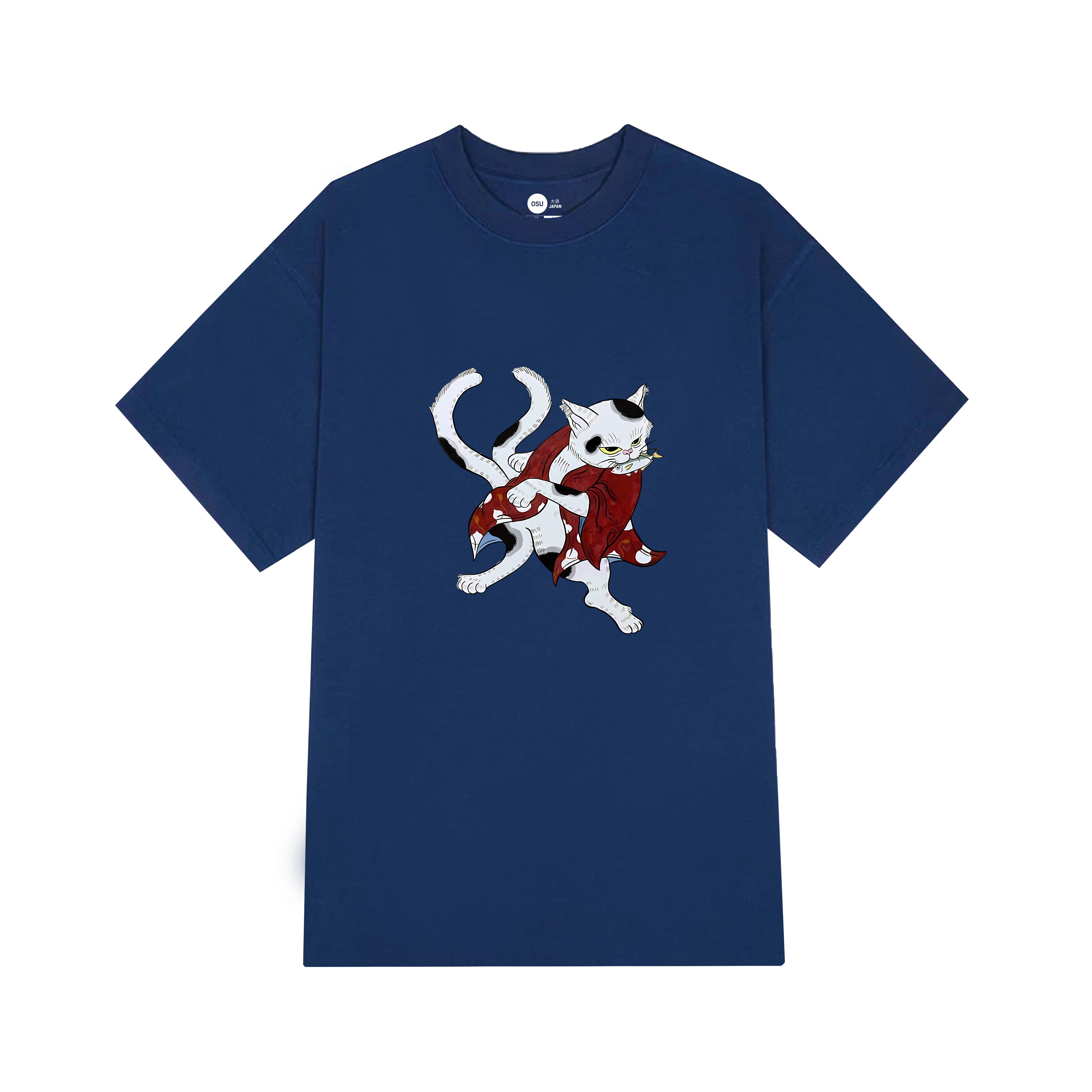 JAPANESE CAT MOUTH EATS FISH T-SHIRT / NAVY