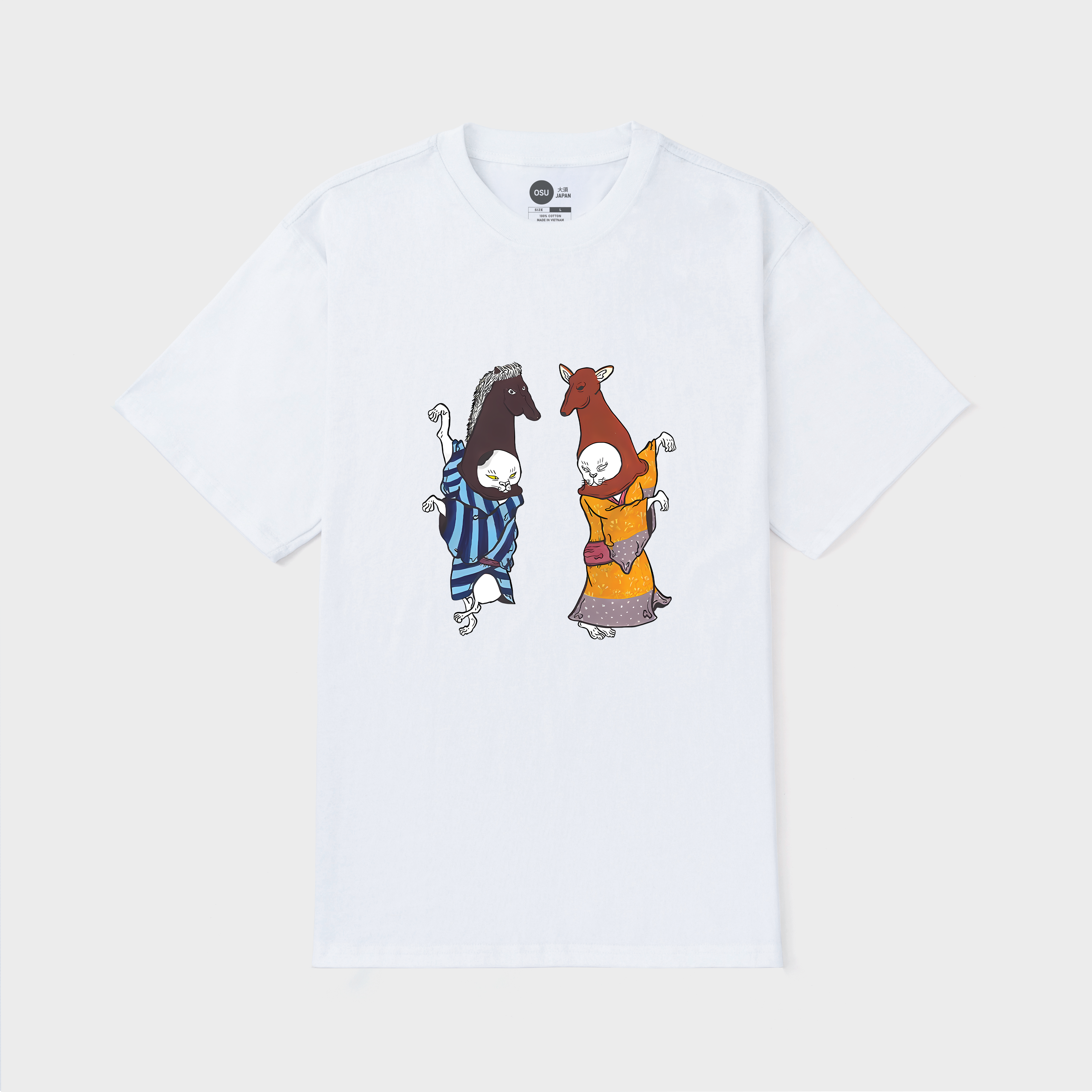 JAPANESE CAT WITH HORSE HEAD DANCING T-SHIRT / TRẮNG