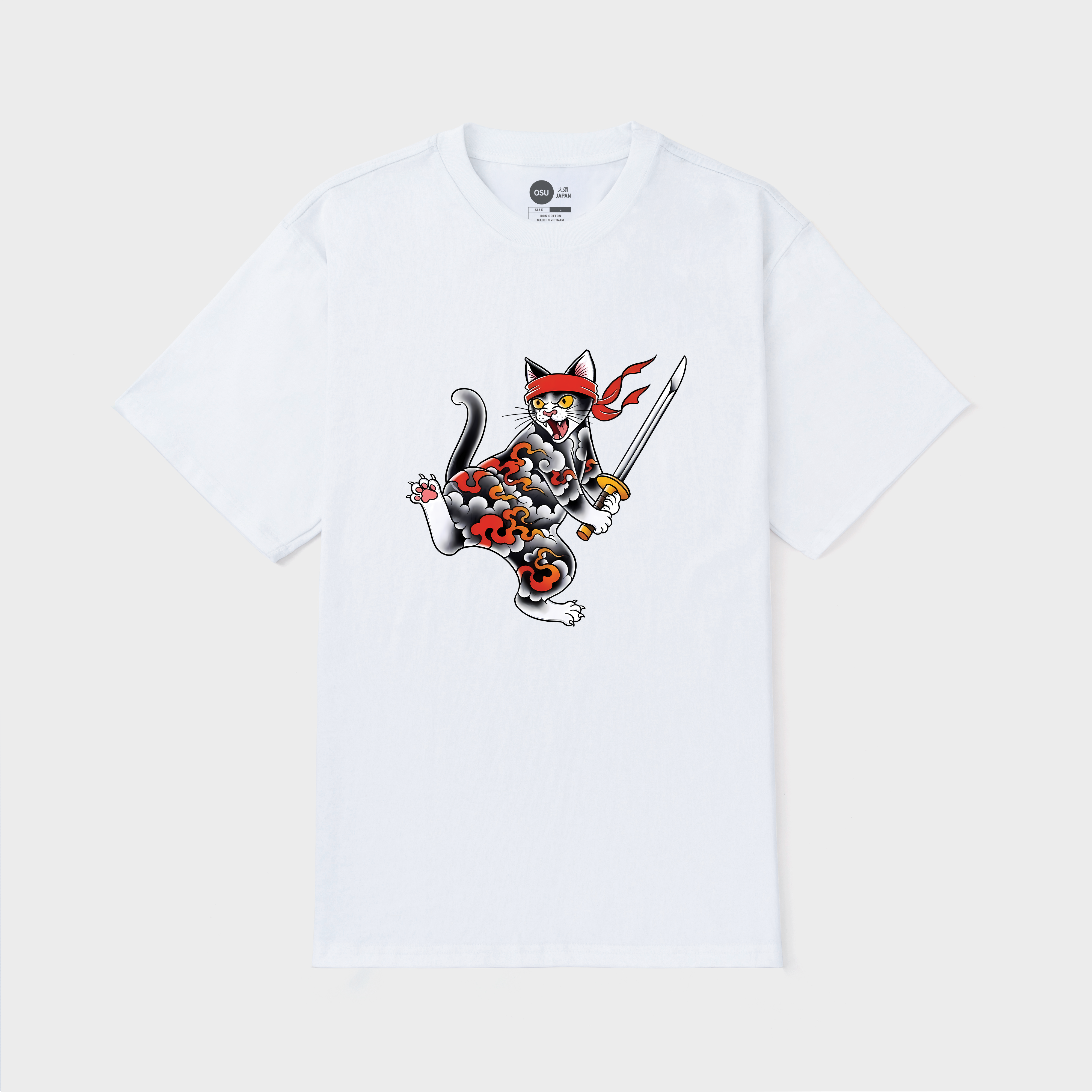 JAPAN CAT HOLDING A SWORD T-SHIRT / TRẮNG