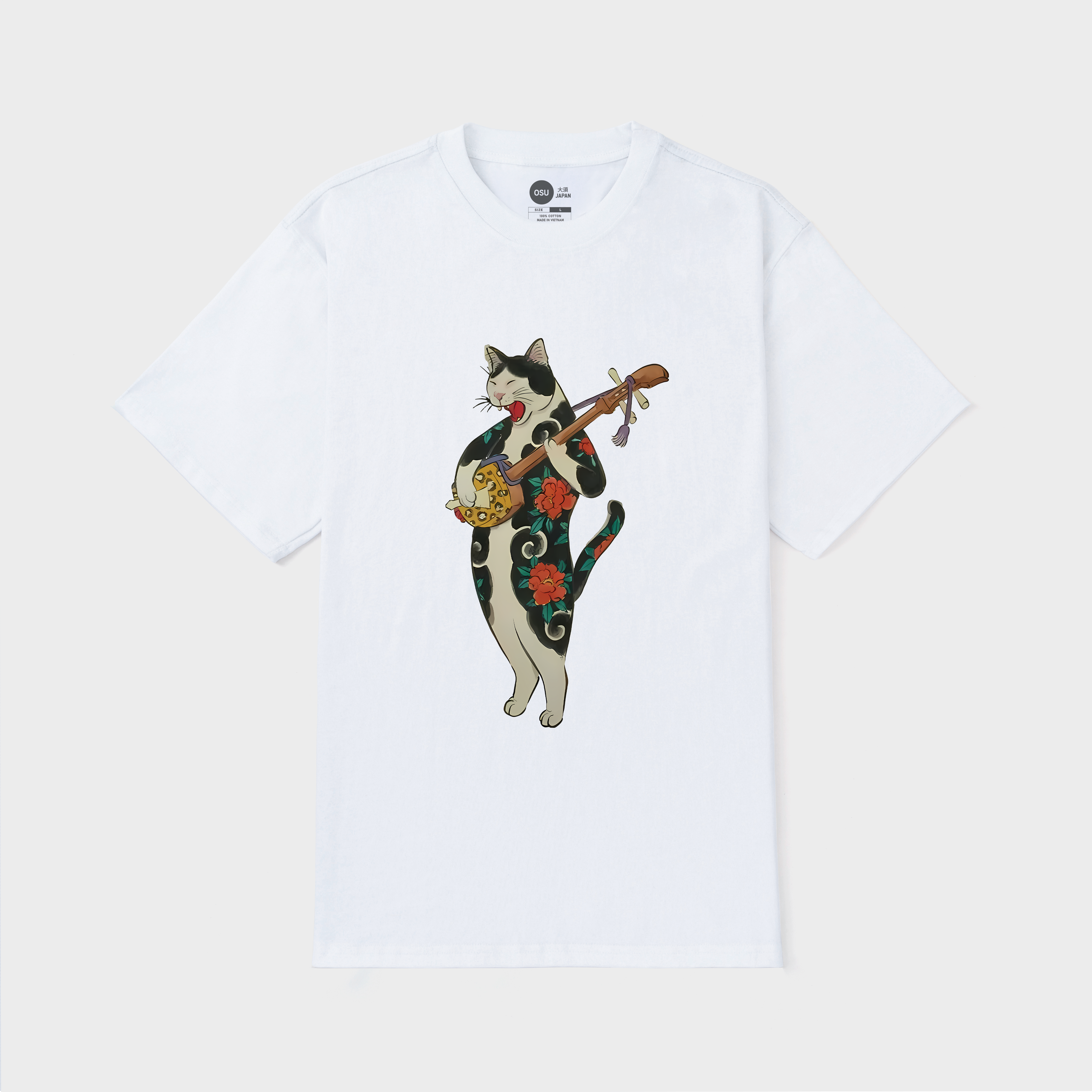 JAPANESE CAT HOLDING A GUITAR T-SHIRT / TRẮNG