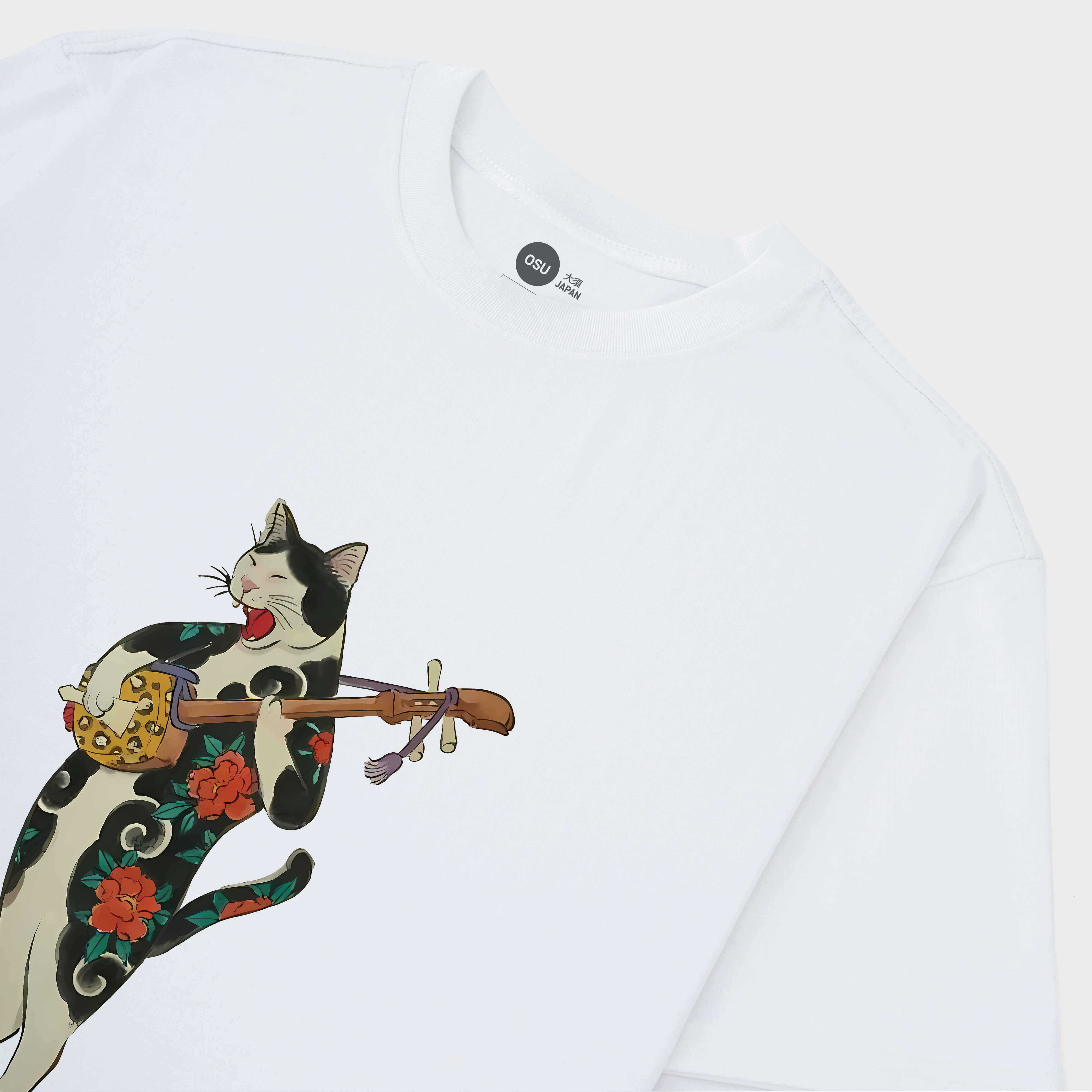 JAPANESE CAT HOLDING A GUITAR T-SHIRT / TRẮNG