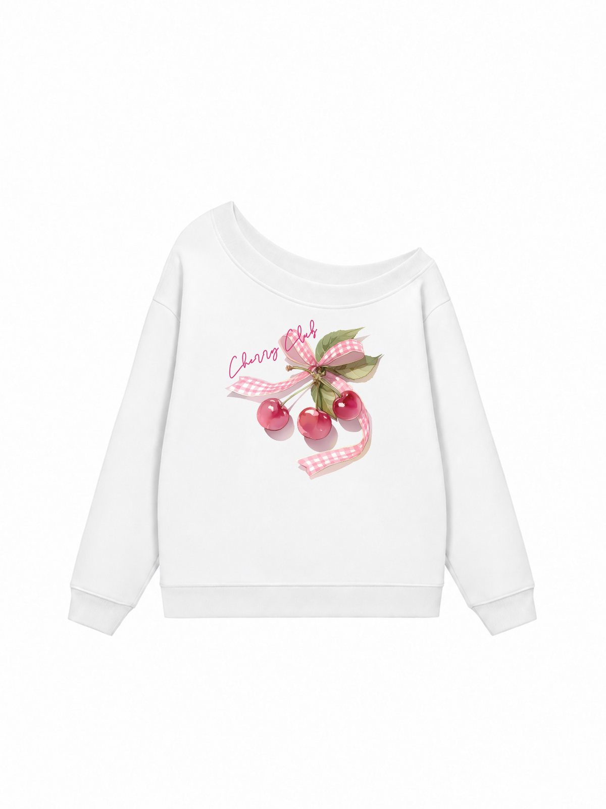 Áo Sweater Lệch Vai Nỉ Hai Da Cherry Club Pink Plaid