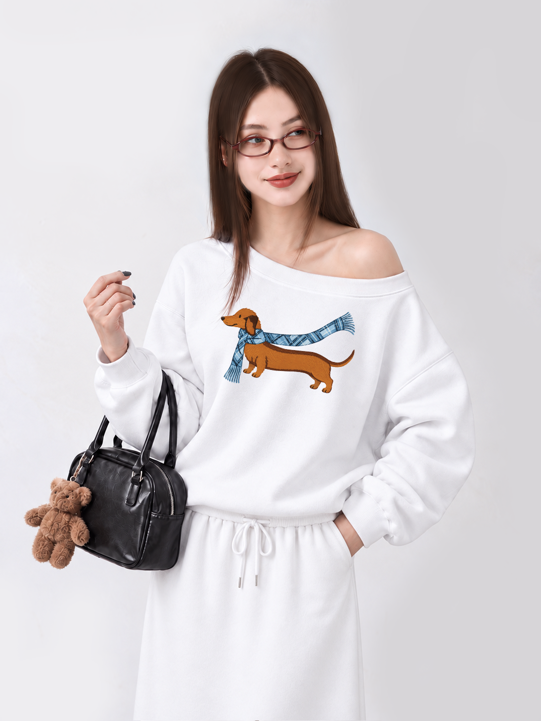Áo Sweater Lệch Vai Nỉ Hai Da  Blue Plaid Outfit Puppy