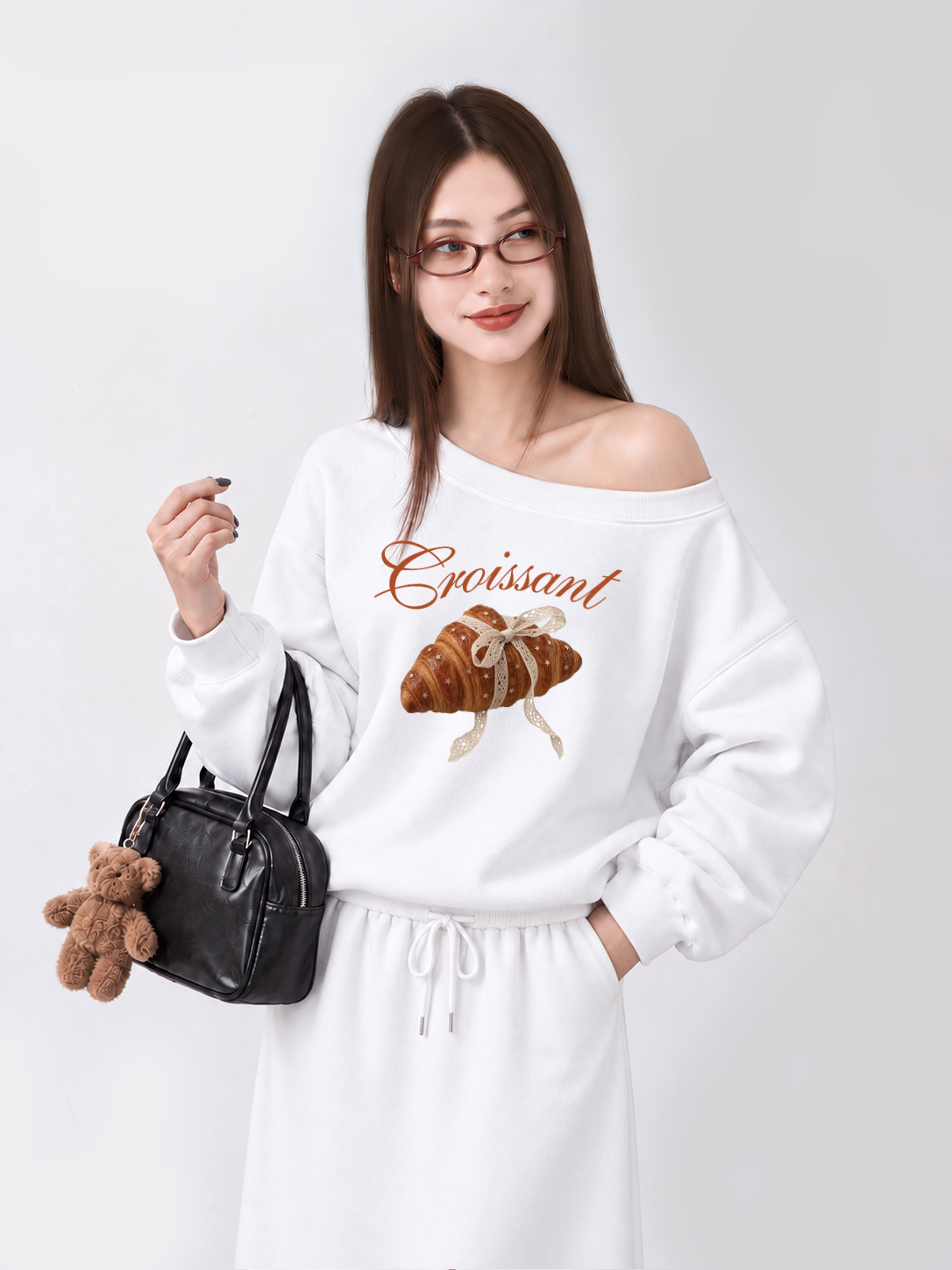 Áo Sweater Lệch Vai Nỉ Hai Da Coquette Croissant