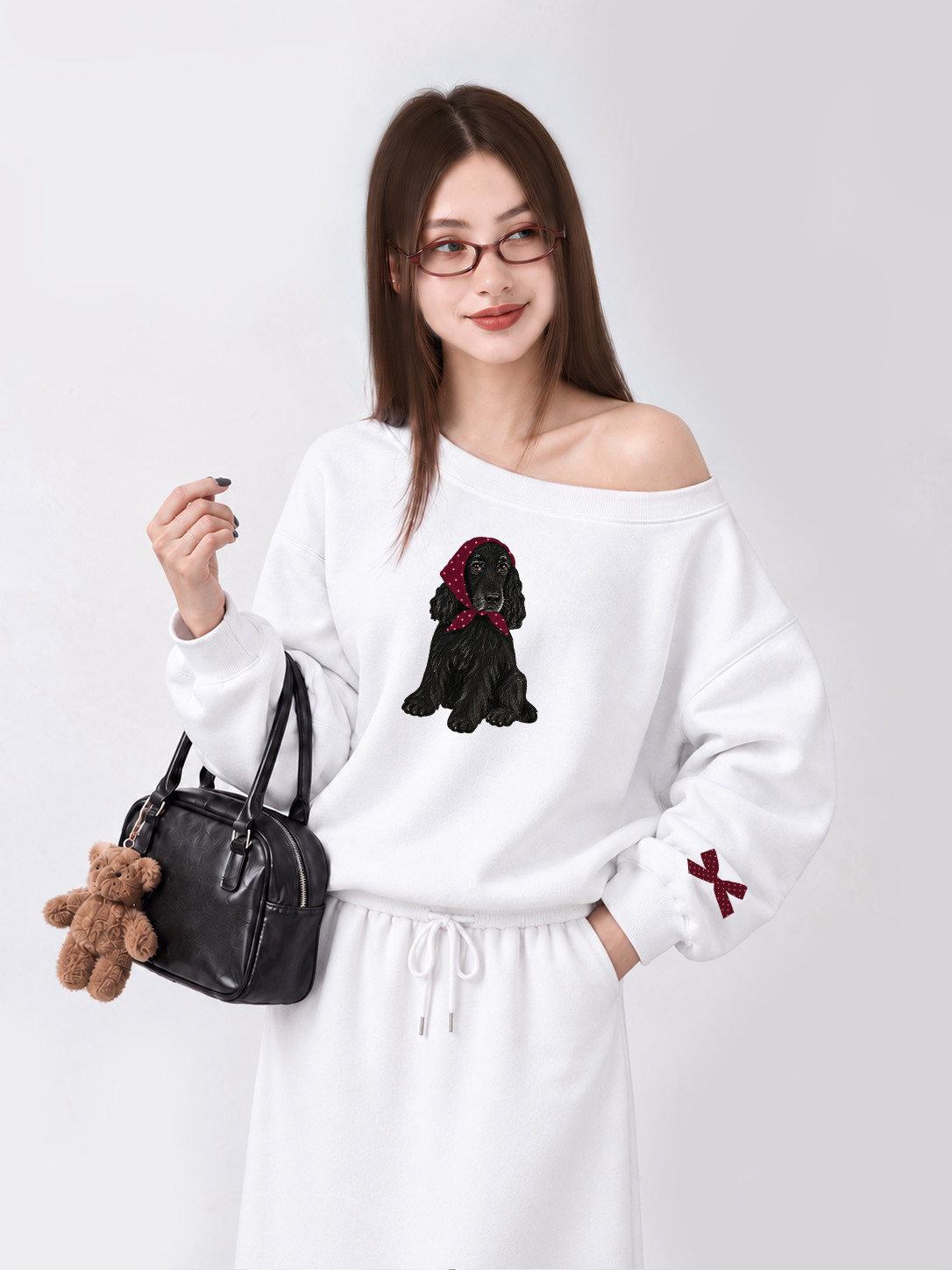 Áo Sweater Lệch Vai Nỉ Hai Da  Burgundy Badana Puppy