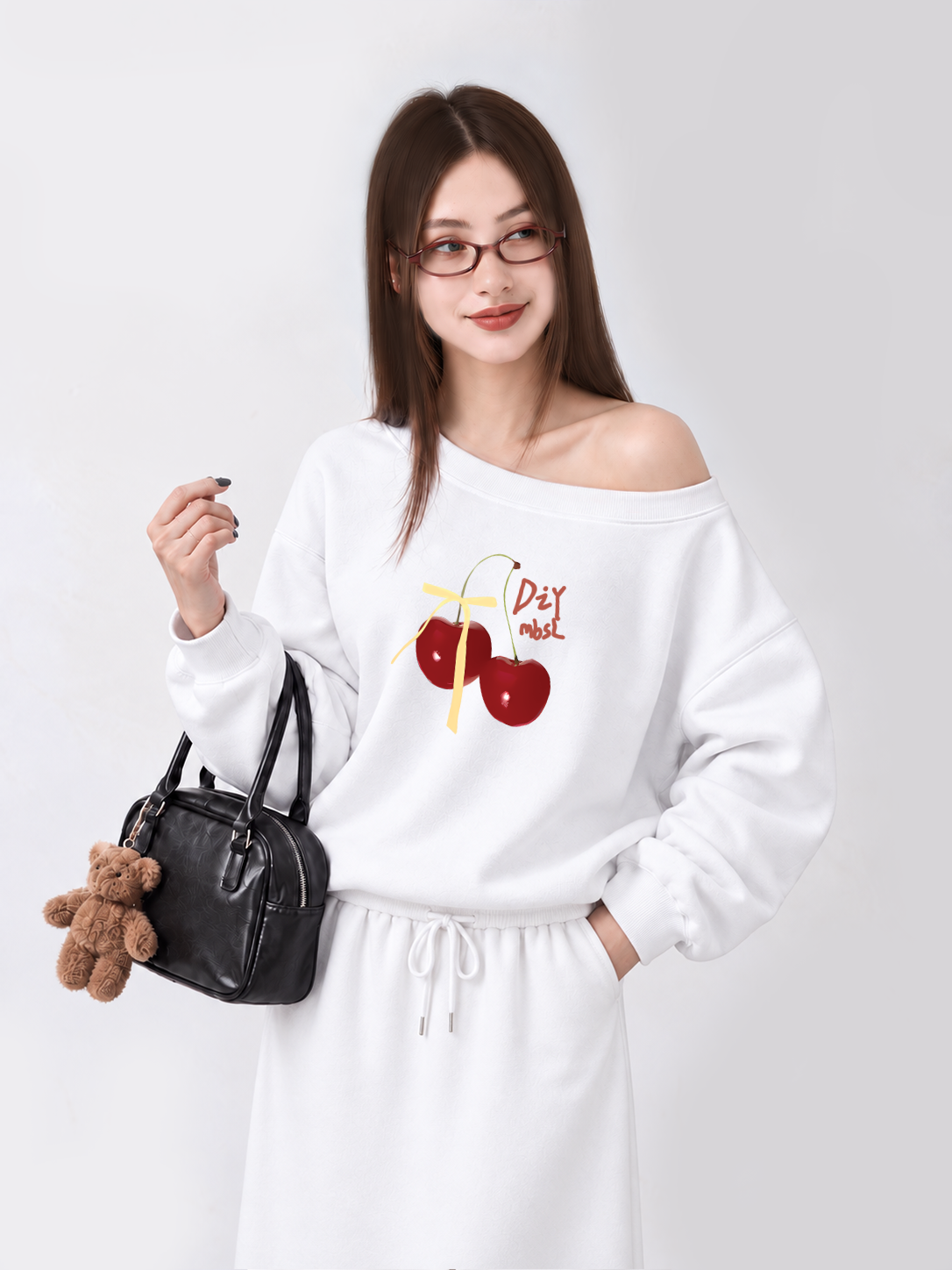 Áo Sweater Lệch Vai Nỉ Hai Da Cherry Yellow Bow