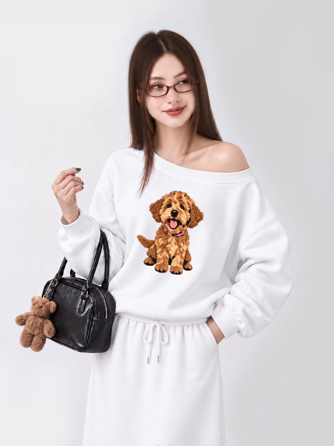 Áo Sweater Lệch Vai Nỉ Hai Da  Cute Brown Puppy