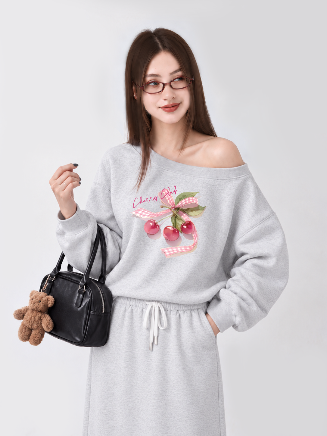 Áo Sweater Lệch Vai Nỉ Hai Da Cherry Club Pink Plaid