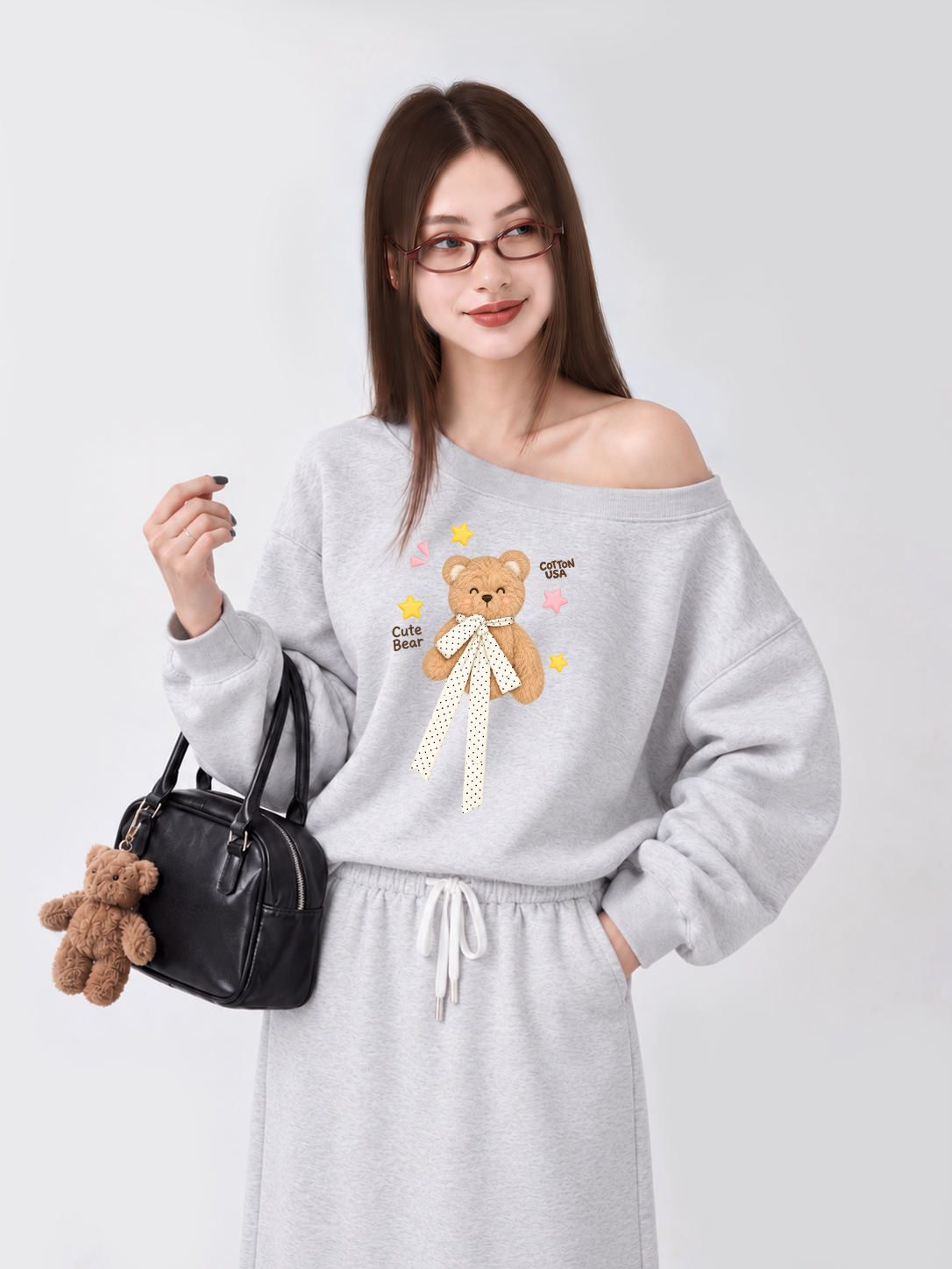 Áo Sweater Lệch Vai Nỉ Hai Da Cute Bear