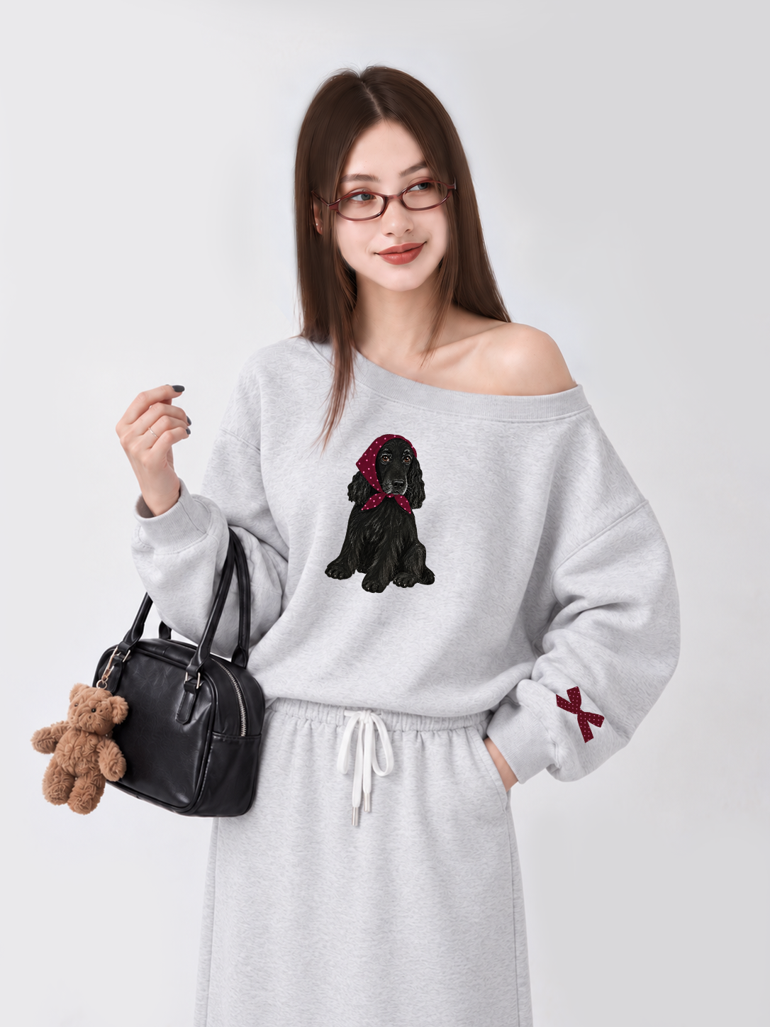 Áo Sweater Lệch Vai Nỉ Hai Da  Burgundy Badana Puppy