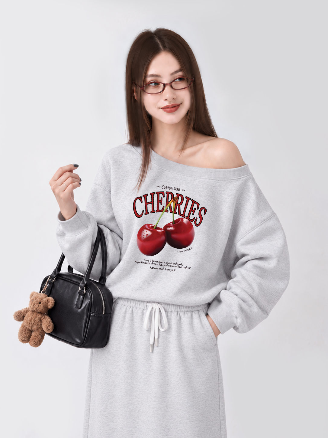 Áo Sweater Lệch Vai Nỉ Hai Da Tropical Cherries Sweet