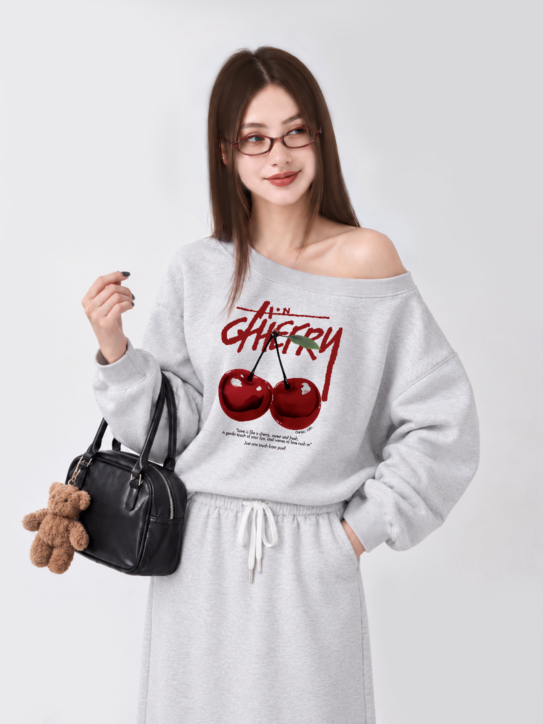 Áo Sweater Lệch Vai Nỉ Hai Da Cherry X Cotton USA Love